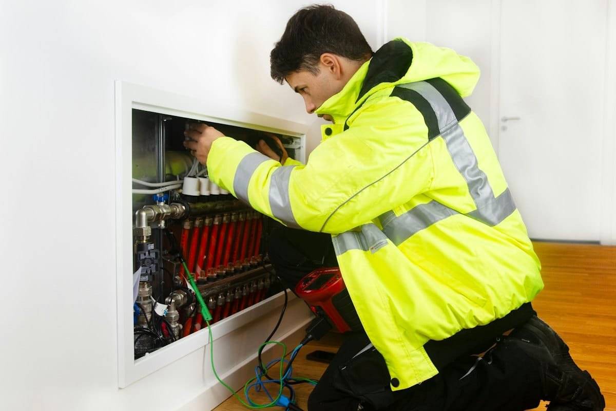 Technician working on a heating manifold